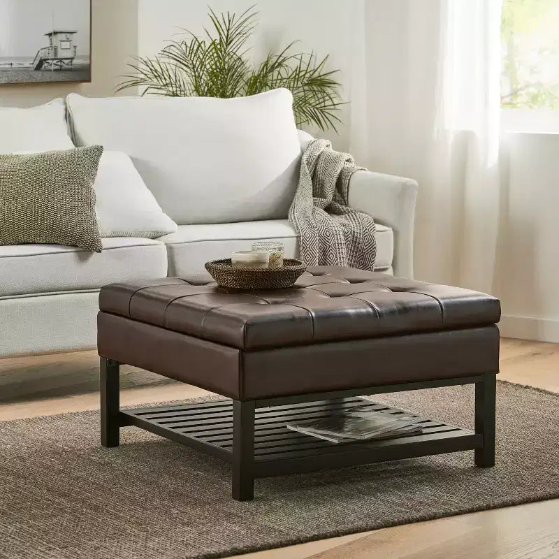 GDFStudio Kilbourne Contemporary Bonded Leather Tufted Storage Ottoman with Shelf, Brown/Dark Brown