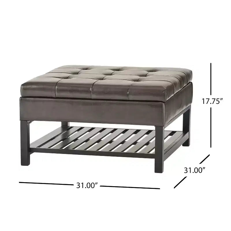 Ottoman de rangement touffeté en cuir reconstitué contemporain avec étagère, marron/marron foncé