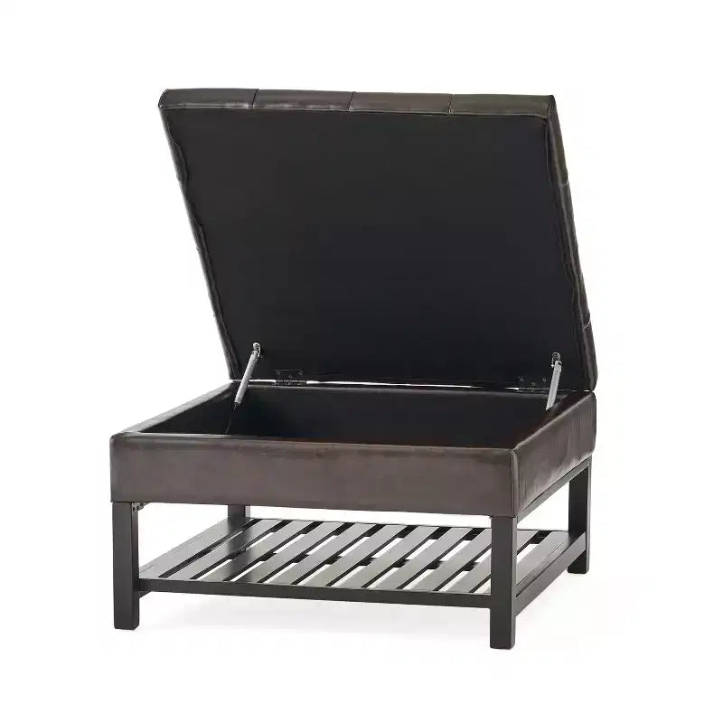 Ottoman de rangement touffeté en cuir reconstitué contemporain avec étagère, marron/marron foncé