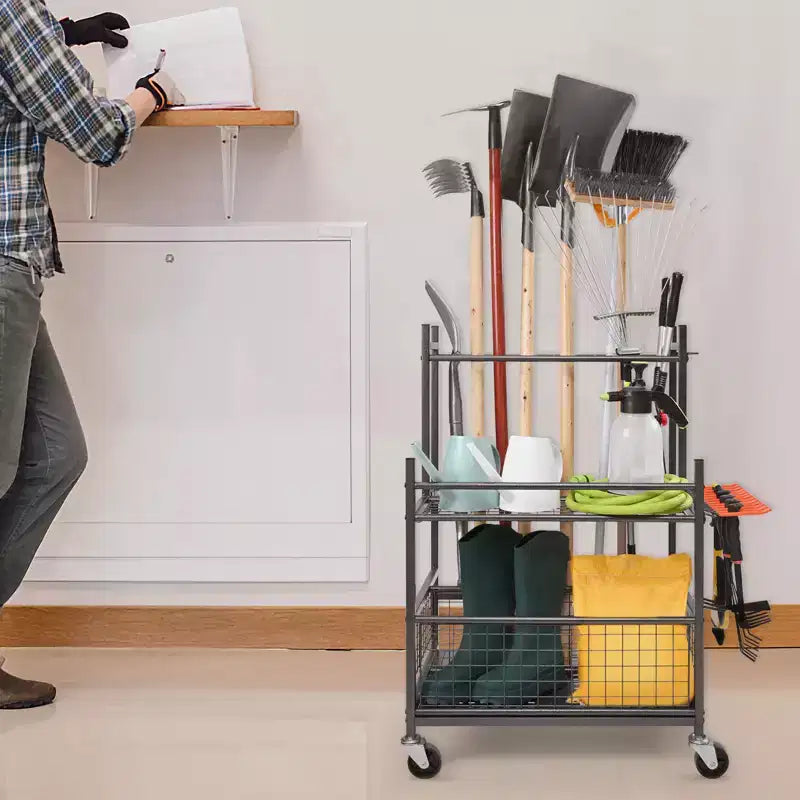 Organisateur d'outils de jardin, 16 fentes avec crochets, support à outils de jardin avec roues