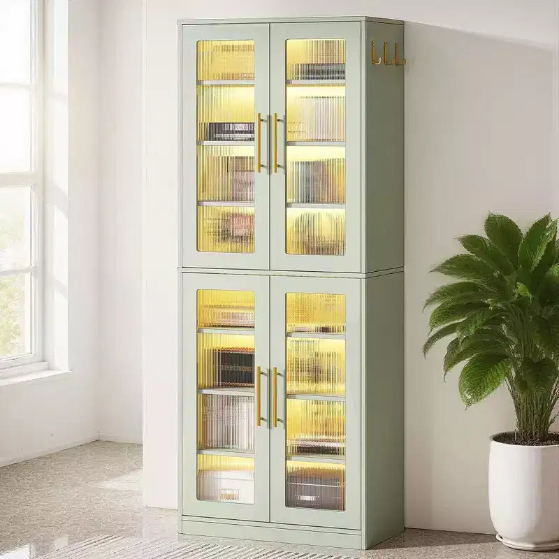 MAYEERTY LED-Lit White Bookcase, Remote-Controlled RGB Light Acrylic Door Display Cabinet