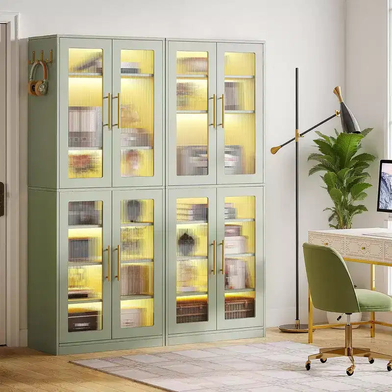 Bibliothèque blanche, vitrine avec porte en acrylique et éclairage RVB télécommandé