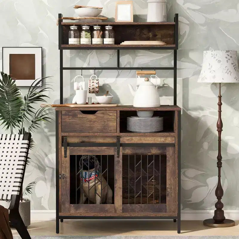 Dog Crate Furniture With Storage Shelves, Pet Friendly Kitchen Baker's Rack with Pet Crate, Dog Cage Coffee Bar Cabinet for Living Room Entryway