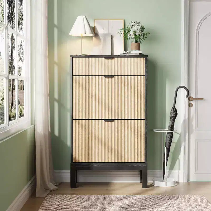 Garvee Shoe Storage Cabinet with 2/3/4 Flip Drawers,Farmhouse Fluted Shoe Organizer,Freestanding Hidden Slim Narrow Shoe Rack for Entryway,Foyer