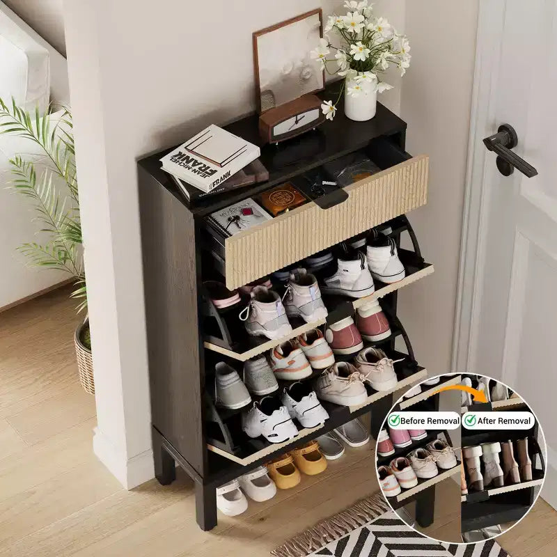 Meuble à chaussures avec tiroirs basculants, Organiseur de chaussures cannelé de style ferme