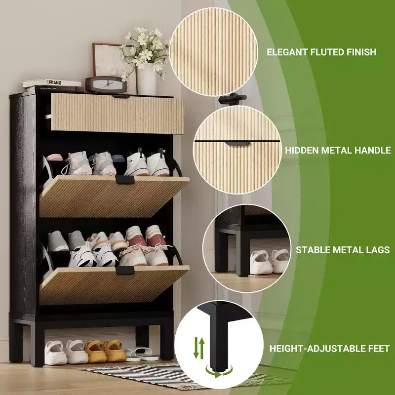 Meuble à chaussures avec tiroirs basculants, Organiseur de chaussures cannelé de style ferme