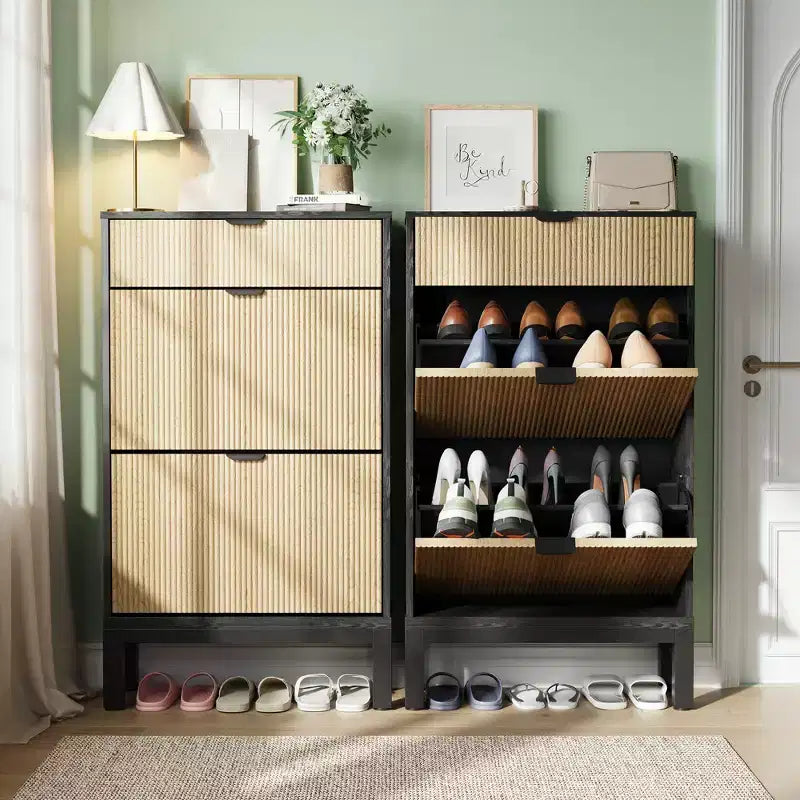 Meuble à chaussures avec tiroirs basculants, Organiseur de chaussures cannelé de style ferme