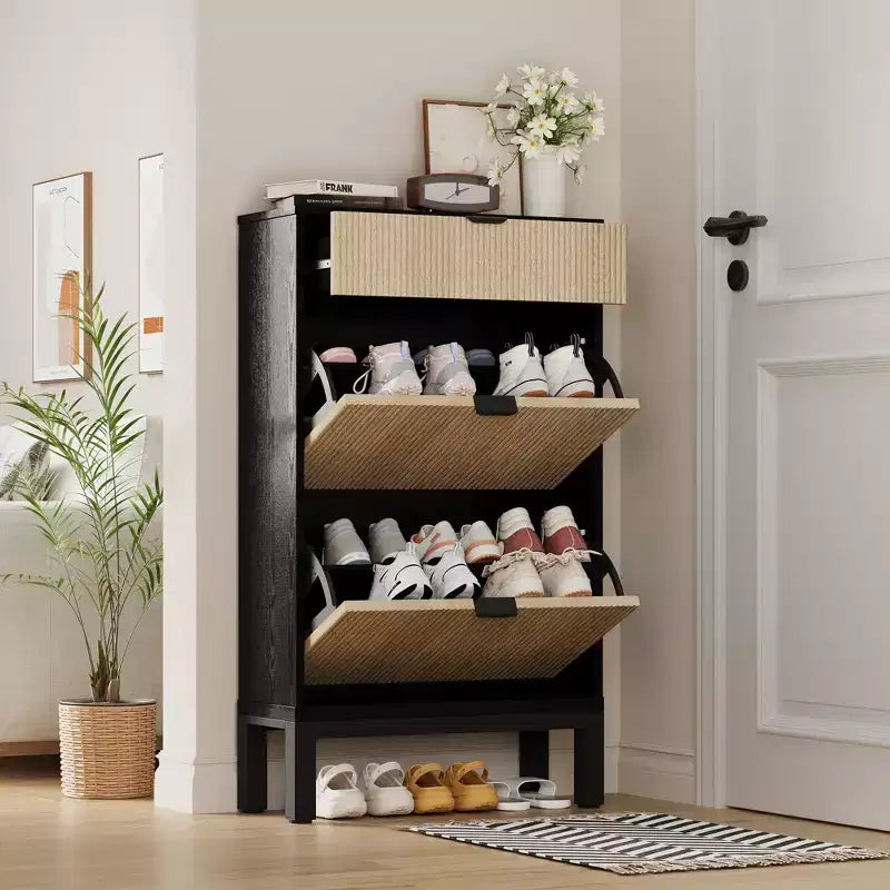 Meuble à chaussures avec tiroirs basculants, Organiseur de chaussures cannelé de style ferme