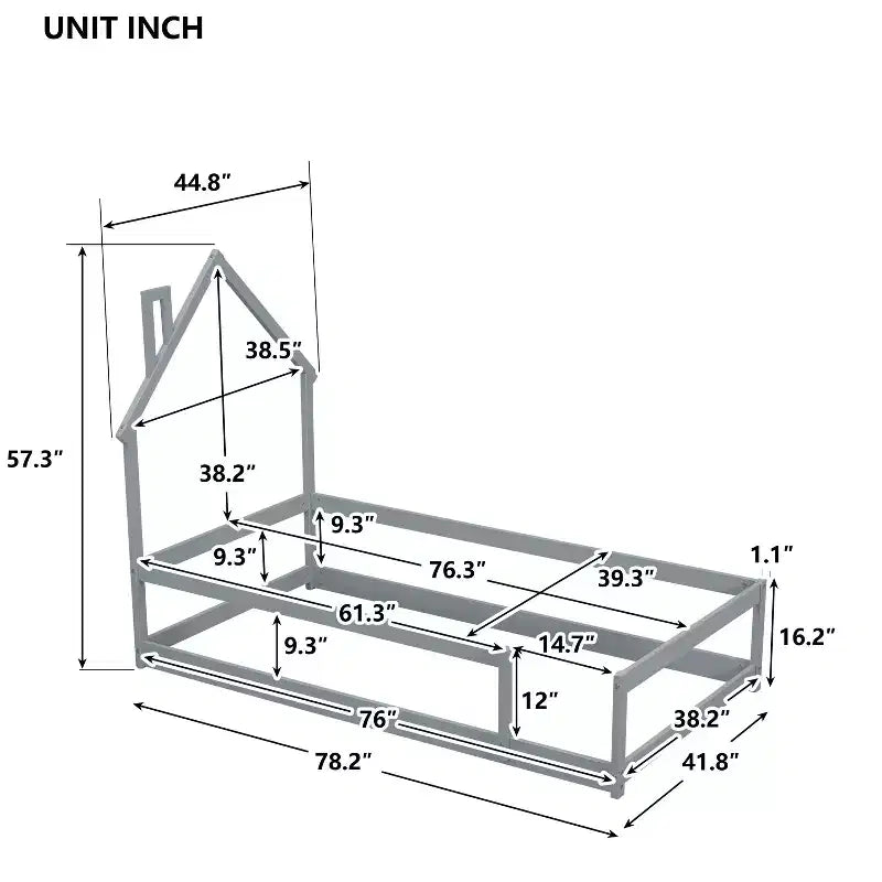 Lit de sol avec tête de lit cabane pour enfant, taille double, avec barrières de sécurité