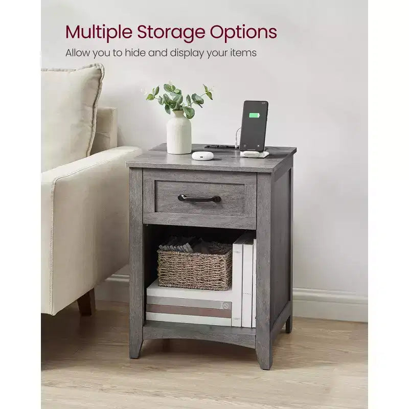 Table de chevet rustique avec station de charge USB, tiroir et étagère ouverte