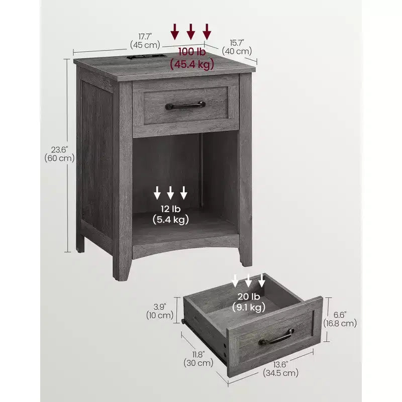 Table de chevet rustique avec station de charge USB, tiroir et étagère ouverte