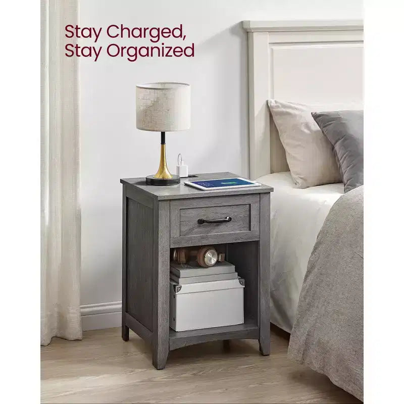 Table de chevet rustique avec station de charge USB, tiroir et étagère ouverte