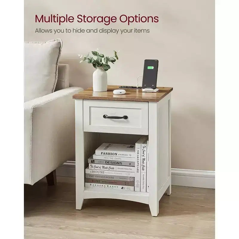 Table de chevet rustique avec station de charge USB, tiroir et étagère ouverte