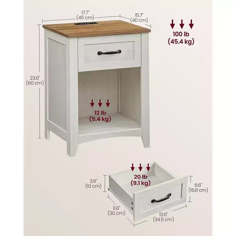 Table de chevet rustique avec station de charge USB, tiroir et étagère ouverte