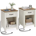 LIRY 2-Piece Farmhouse Nightstand Set with USB Charging Station, Drawer & Open Shelf, Bedside Table for Home Decor, Misty Gray