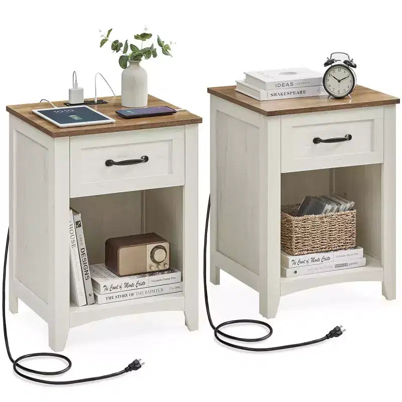 LIRY 2-Piece Farmhouse Nightstand Set with USB Charging Station, Drawer & Open Shelf, Bedside Table for Home Decor, Misty Gray
