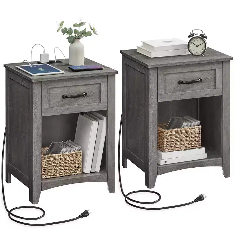 Table de chevet rustique avec station de charge USB, tiroir et étagère ouverte
