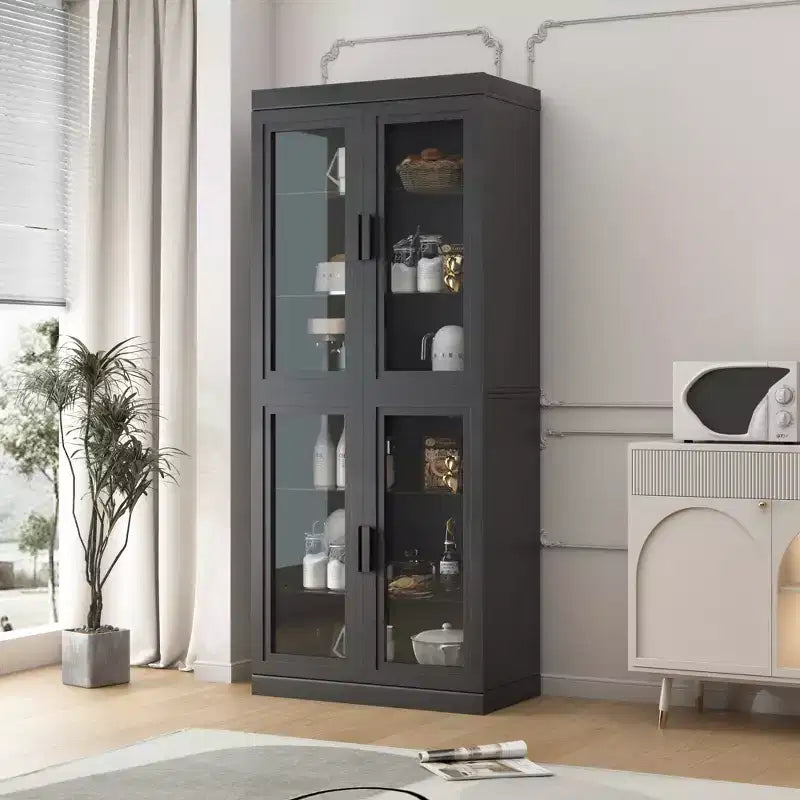 72x31x16 Wood Accent Sideboard Cabinet in Black, Storage Organizer with Adjustable Shelves and Glass Doors for Kitchen Bedroom Living/Dinning Room
