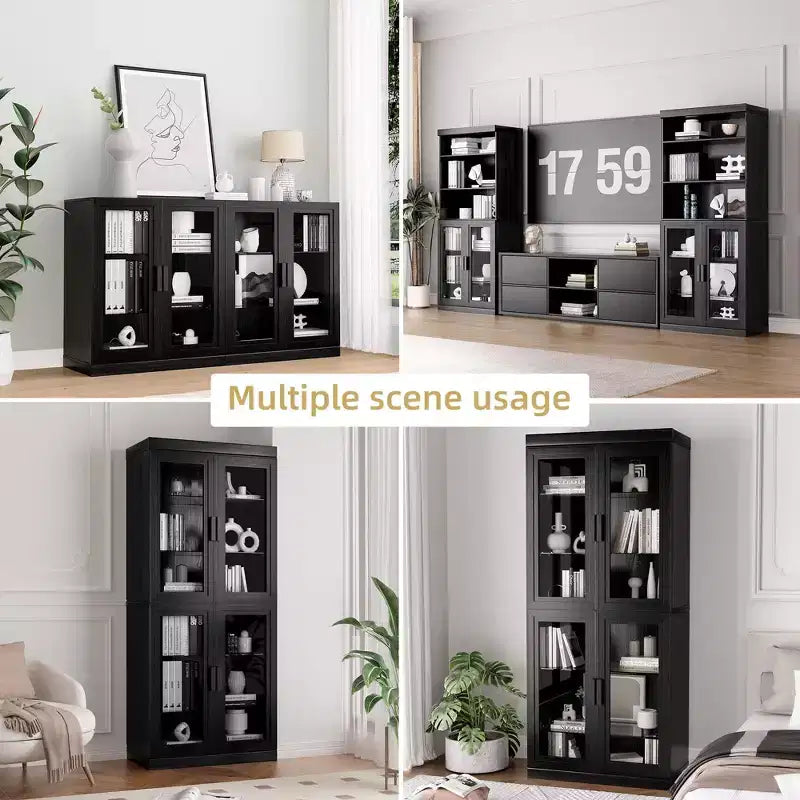 Buffet en bois noir avec accents, organisateur de rangement avec étagères réglables