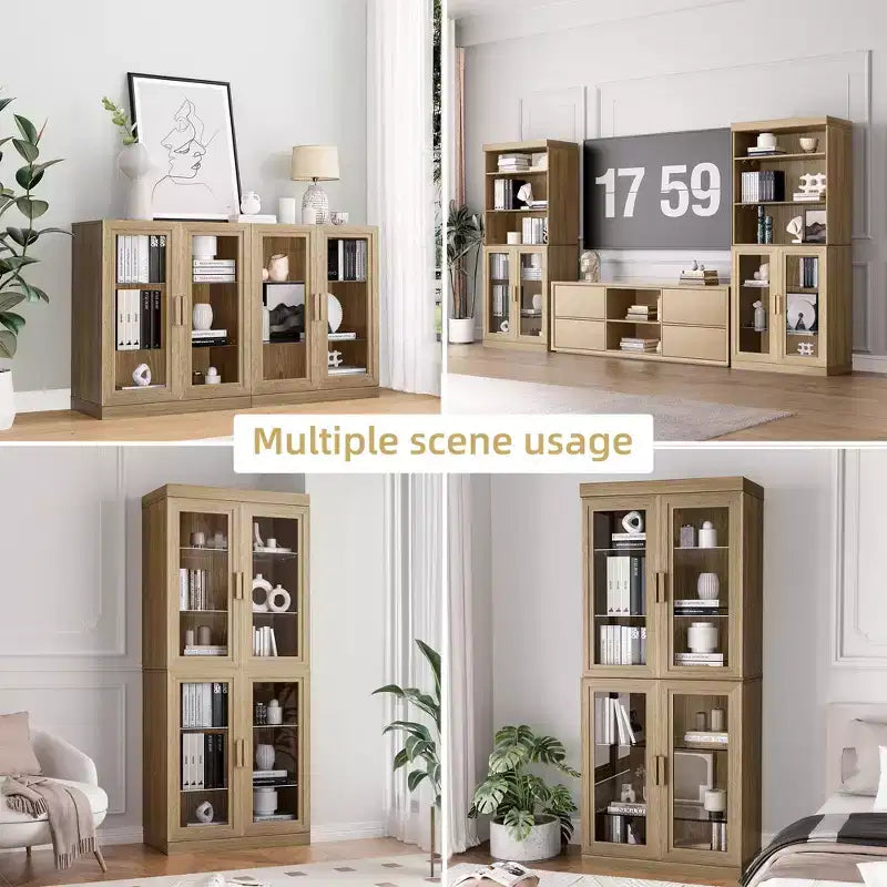 Armoire d'appoint en bois, organisateur de rangement avec étagères réglables et portes en verre