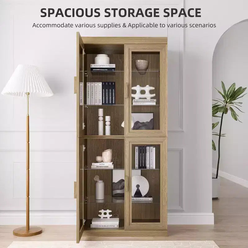 Armoire d'appoint en bois, organisateur de rangement avec étagères réglables et portes en verre