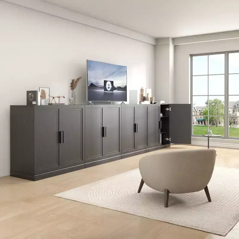31x124x16 Wood Accent Cabinet in Black, Storage Organizer with Adjustable Shelves for Kitchen Bedroom Entryway Living Room Dinning Room