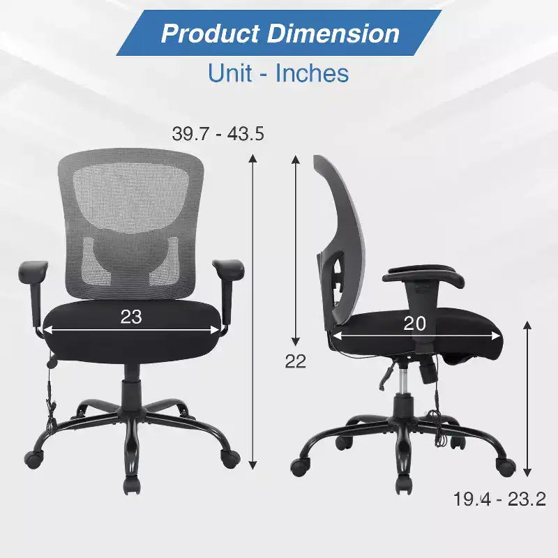 Chaise de bureau ergonomique grande taille 400 lbs, dossier maille, pour personnes fortes