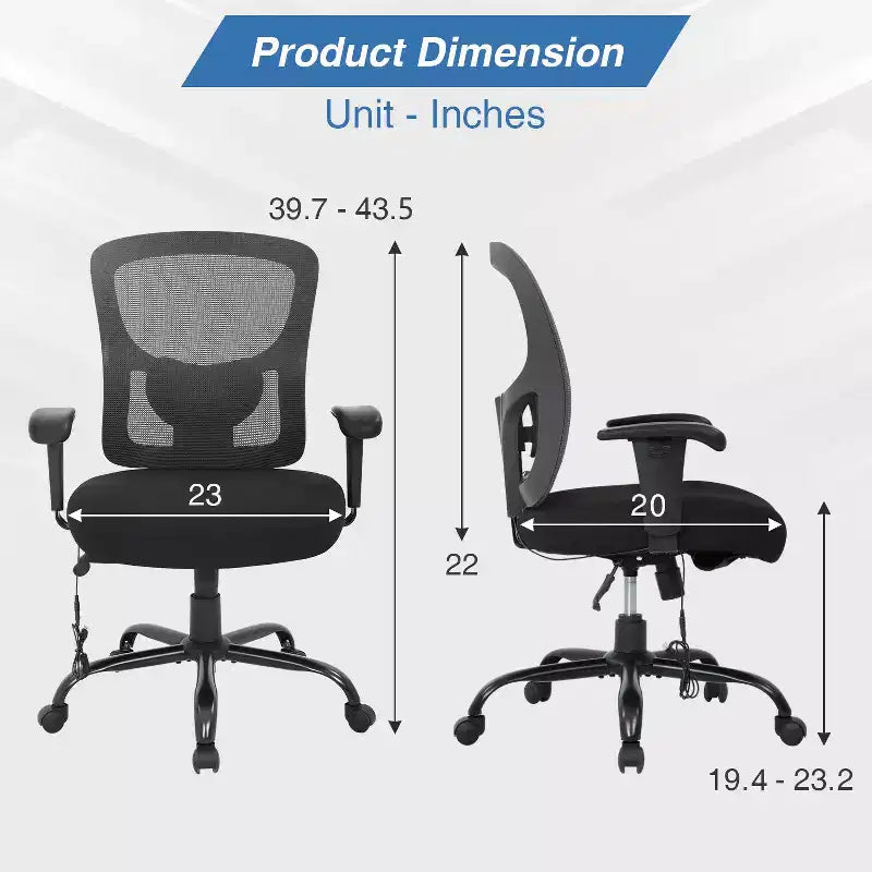 Chaise de bureau ergonomique grande taille 400 lbs, dossier maille, pour personnes fortes