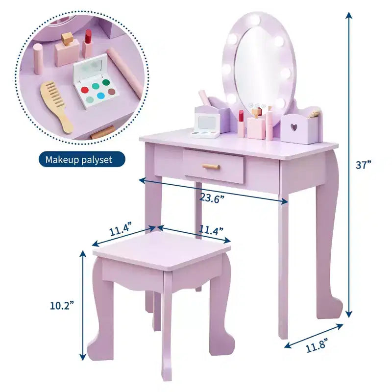 Coiffeuse enfant avec miroir et tabouret, Coiffeuse fille avec lumière tactile et maquillage en bois