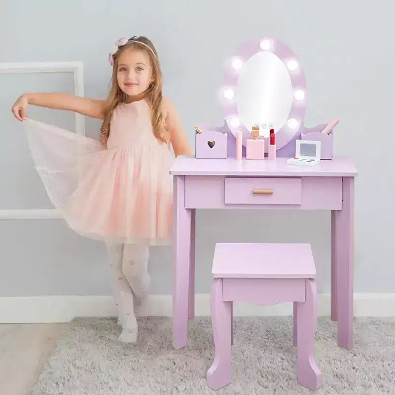 Coiffeuse enfant avec miroir et tabouret, Coiffeuse fille avec lumière tactile et maquillage en bois