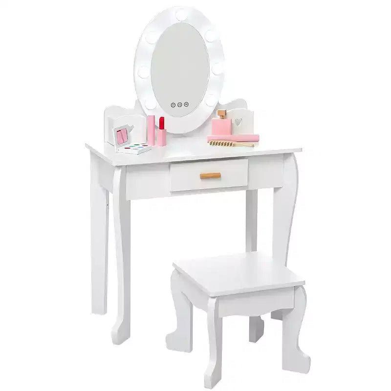 Coiffeuse enfant avec miroir et tabouret, Coiffeuse fille avec lumière tactile et maquillage en bois