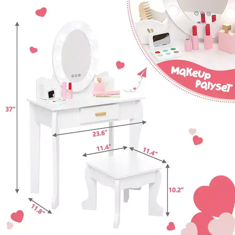 Coiffeuse enfant avec miroir et tabouret, Coiffeuse fille avec lumière tactile et maquillage en bois