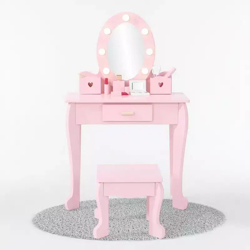 Coiffeuse enfant avec miroir et tabouret, Coiffeuse fille avec lumière tactile et maquillage en bois
