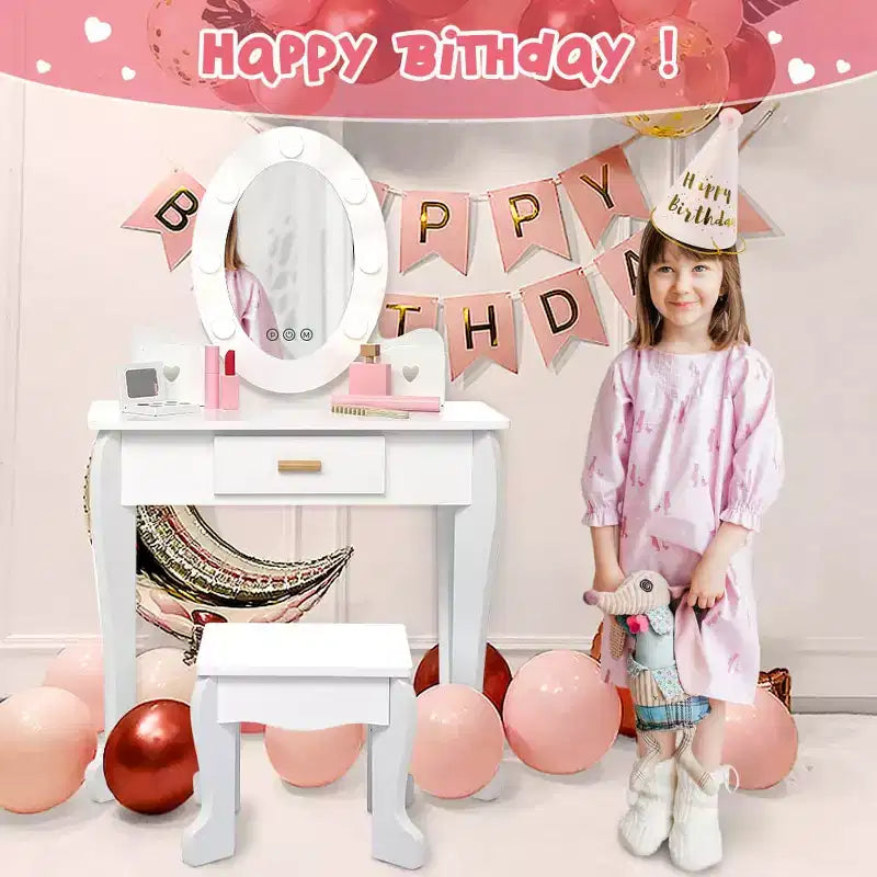 Coiffeuse enfant avec miroir et tabouret, Coiffeuse fille avec lumière tactile et maquillage en bois