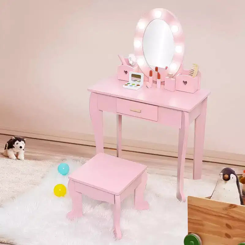 Coiffeuse enfant avec miroir et tabouret, Coiffeuse fille avec lumière tactile et maquillage en bois