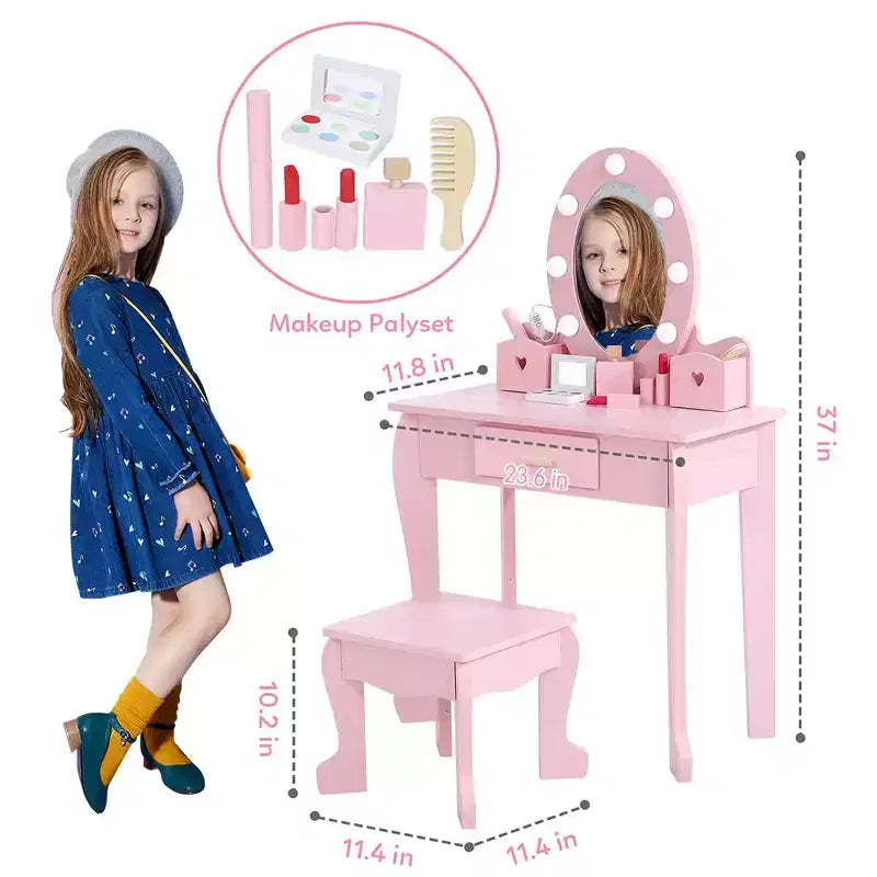 Coiffeuse enfant avec miroir et tabouret, Coiffeuse fille avec lumière tactile et maquillage en bois