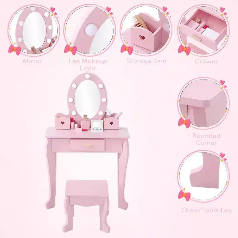 Coiffeuse enfant avec miroir et tabouret, Coiffeuse fille avec lumière tactile et maquillage en bois