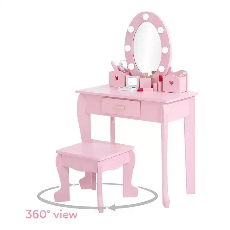 Coiffeuse enfant avec miroir et tabouret, Coiffeuse fille avec lumière tactile et maquillage en bois