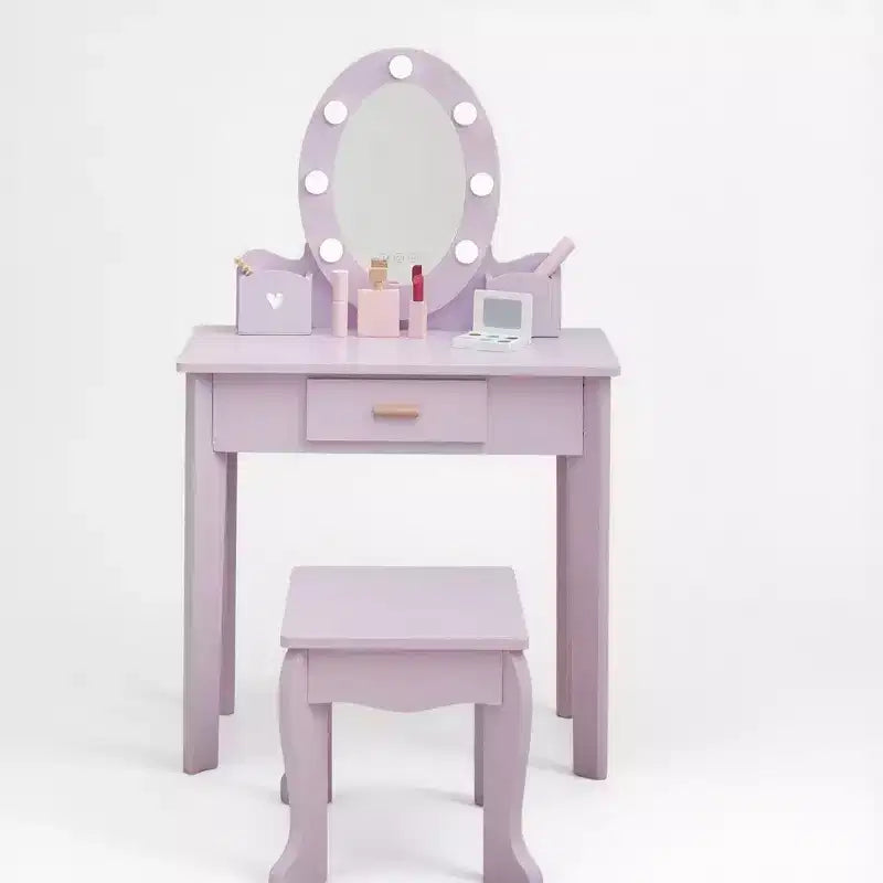 Coiffeuse enfant avec miroir et tabouret, Coiffeuse fille avec lumière tactile et maquillage en bois