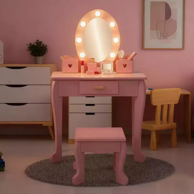 GustoWave Kids Vanity with Mirror and Stool, Girls Vanity with Touch Light and Wood Makeup Playset, Princess Vanity Table for Toddlers