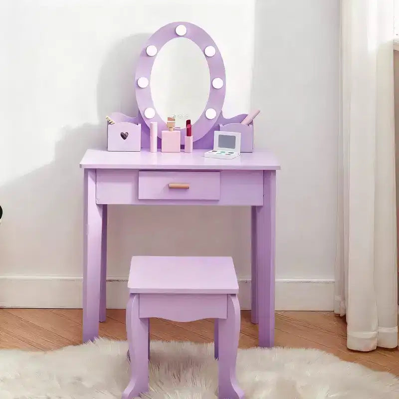 Coiffeuse enfant avec miroir et tabouret, Coiffeuse fille avec lumière tactile et maquillage en bois