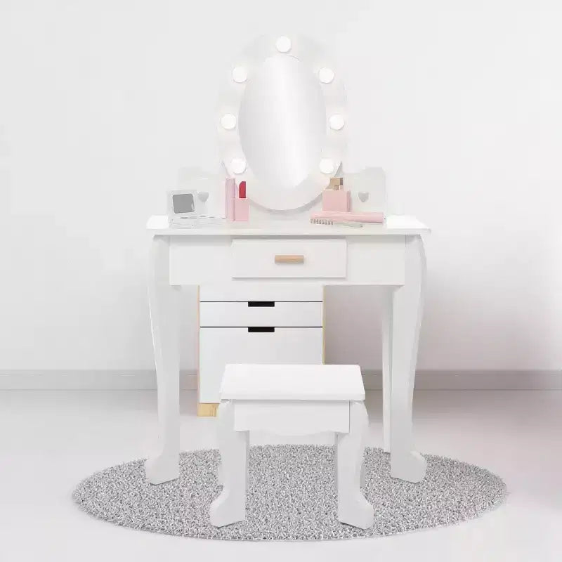 Coiffeuse enfant avec miroir et tabouret, Coiffeuse fille avec lumière tactile et maquillage en bois