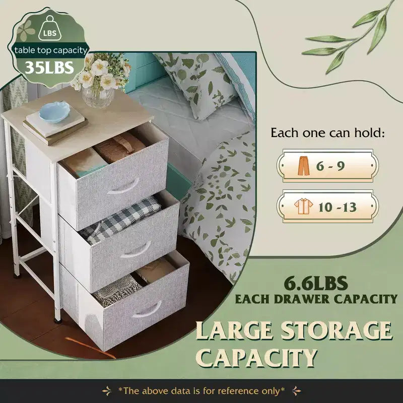 Table de chevet à 3 tiroirs – Commode en tissu, organisateur de rangement pour chambre à coucher