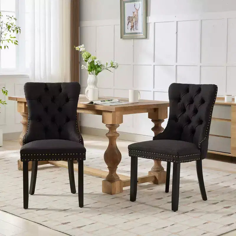 CLIHOME Set of 2 High-end Tufted Solid Wood Contemporary Flax Upholstered Linen Dining Chair with Wood Legs Nailhead Trim