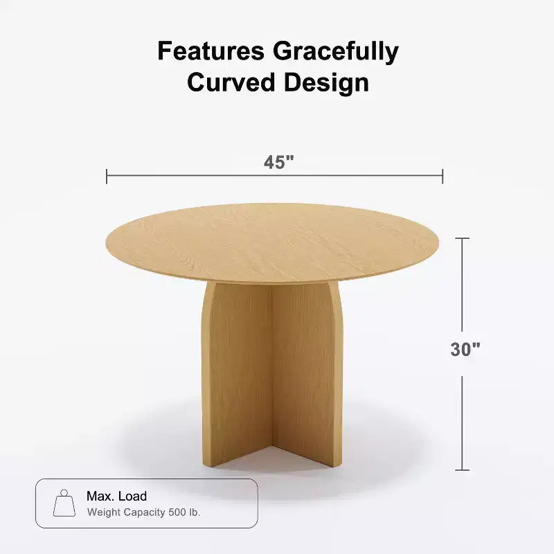 Table à manger ronde en bois massif avec finition naturelle et pieds arqués élégants