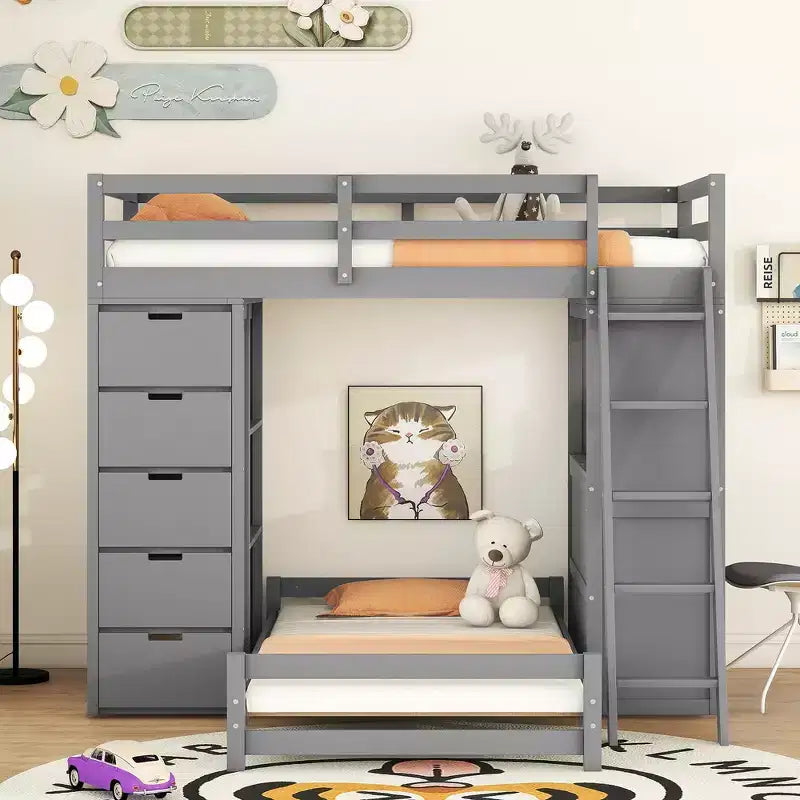 Whisen Twin over twin Bunk Bed with Drawers, Shelves, Desk, LED Light and Charging Ports
