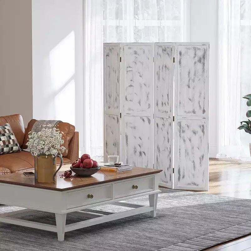 MAYEERTY 4 Panel Room Divider Folding Privacy Screen Wood Grain Design White 63.25x67x0.75
