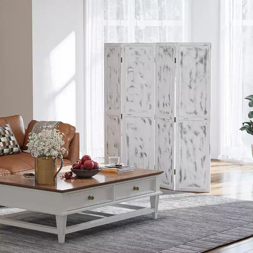 MAYEERTY 4 Panel Room Divider Folding Privacy Screen Wood Grain Design White 63.25x67x0.75