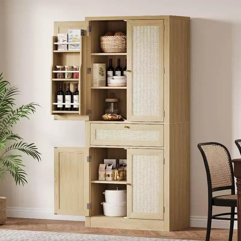 72-Inch Tall Rattan Kitchen Pantry Cabinet with Drawer, Adjustable Shelves, Farmhouse Style Cupboard Storage, For Kitchen, Dining Room, Bathroom