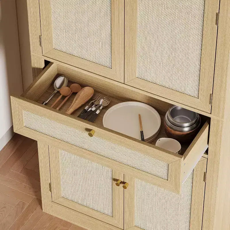 Armoire de cuisine en rotin avec tiroir, étagères réglables